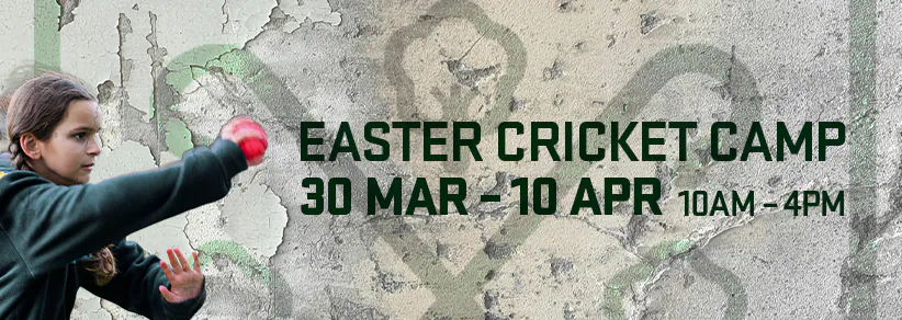 Young girl bowling a ball with Easter Cricket Camp text to her right