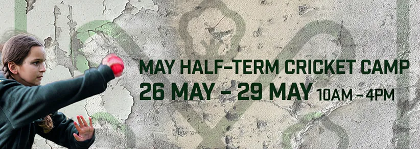 Young girl bowling a ball with Half-Term Cricket Camp text to her right